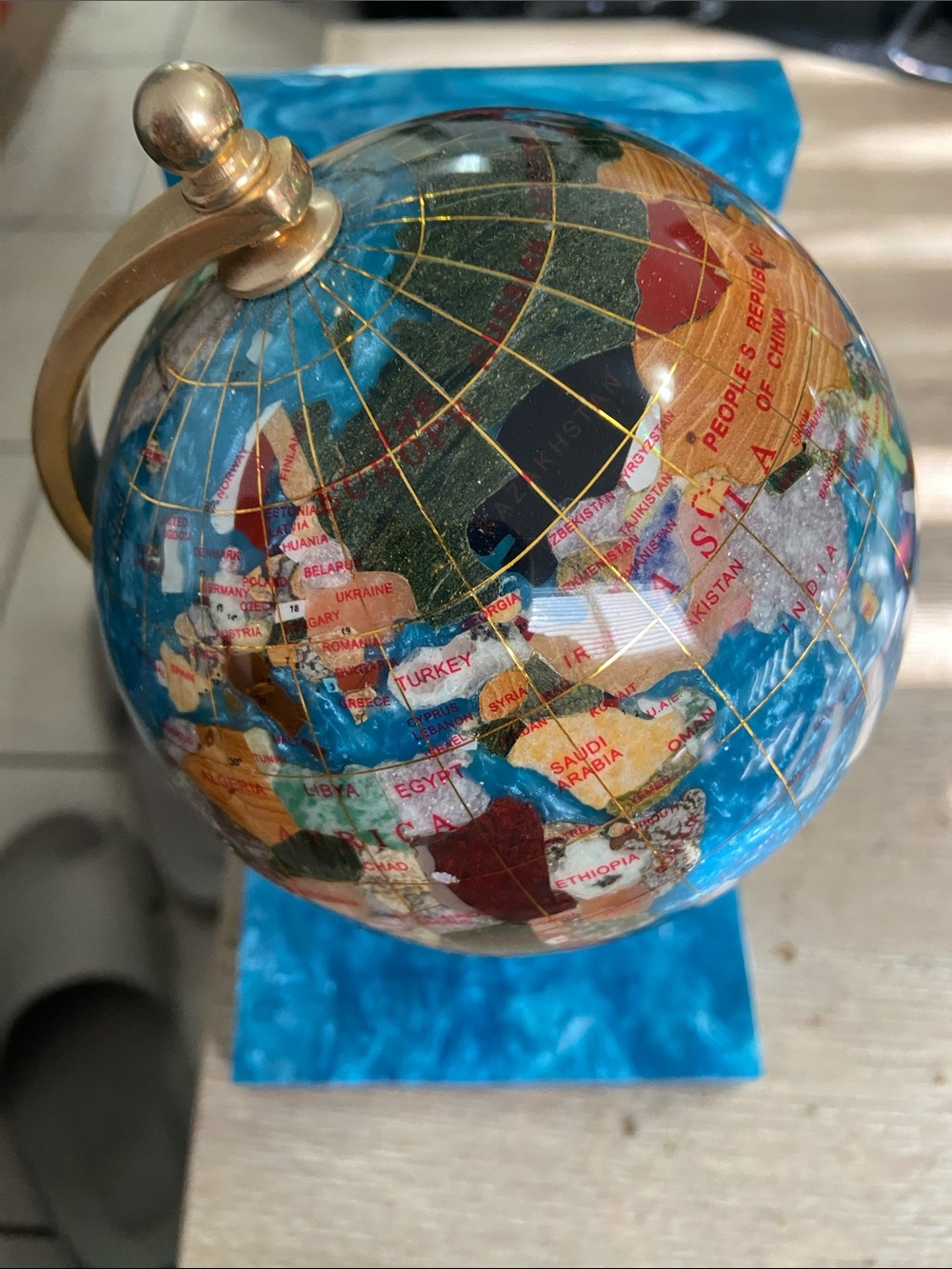 Vintage Unique Art 7.5 Inch Mini Turquoise Pearl Gemstone World Globe on Stand